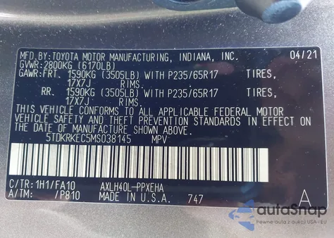 2021 Toyota Sienna Le из США, поврежденный, VIN 5TDKRKEC5MS038145